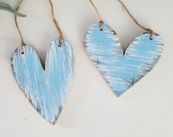 Rustic Wood Hearts, Wooden, Boho Wall Decor, Recycled Wooden Hearts, Blue Wall Hearts Wall Hanging