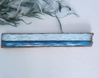 Ocean Scene Painted on Rustic Barn wood, Beach Cottage Home Decor, Shelf Sitter Art