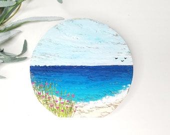 Handpainted Ocean Scene on Recycled Wood Circle, Flowers on the Beach, Coastal Art, Beach House Decor