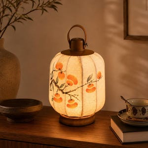 Japanese Persimmon Lantern Lamp, Cherry blossom LED Table Lamp with Linen Shade, Bedside Light, Asian Home Decor Gift