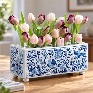 May include: A rectangular ceramic flower vase with a white base and blue floral and bird patterns. The vase features a top grid for individual stems and rests on four small feet. It is filled with a bouquet of pink, white, and purple tulips.