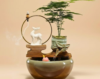 Zen Buddha Tabletop Water Fountain with LED Ring, Bonsai & Incense Holder