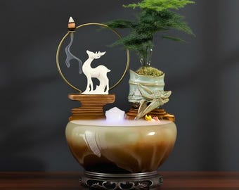 Fontana da tavolo Zen Buddha con anello LED, bonsai e porta incenso