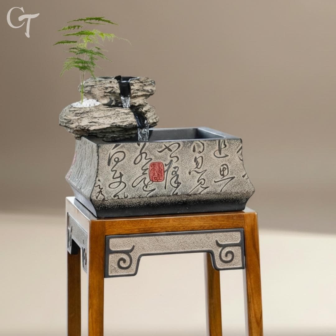 Zen Tabletop Water Fountain, Asian Calligraphy Basin, Feng Shui Decor ...