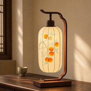 May include: A table lamp with a dark wood frame and a cylindrical off-white shade. The shade features a painted design of orange persimmon fruits on thin branches with green leaves. The lamp has a rectangular wooden base and a small metal switch.
