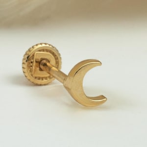 14K Solid Gold Crescent Piercing, Cartilage Screw Back Helix Tragus Piercing, Stud Ear Piercing, Long Stud Earring, Piercing Jewelry
