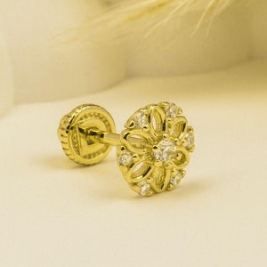 14K Solid Gold Flower Piercing, Cartilage Screw Back Helix Tragus Piercing, Stud Ear Piercing, Long Stud Earring, Piercing Jewelry.