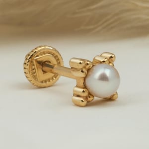 14K Solid Gold Pearl Flower Piercing, Cartilage Screw Back Helix Tragus Piercing, Stud Ear Piercing, Long Stud Earring, Piercing Jewelry