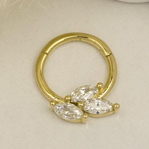 14K Solid Gold Markis Stone Motif Hinge Ring Clicker Piercing, Minimalist Gold Ring Hinge Piercing, Gold Daith Piercing, Gold Helix Piercing