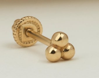 14K Solid Gold 3 Ball Piercing, Cartilage Screw Back Helix Tragus Piercing, Stud Ear Piercing, Long Stud Earring, Piercing Jewelry