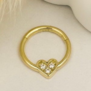 14K massiv Gold Herz Motiv Stein Scharnier Ring Clicker Piercing, Minimalist Gold Ring Scharnier Piercing, Gold Daith Piercing, Gold Helix Piercing