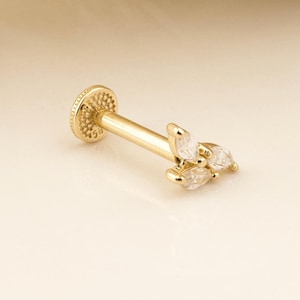 3 Markis Stone Tragus Piercing, Cartilage Earring, 14K Solid Gold Tragus Piercing, Minimalis Tragus Piercing, Gold Stud Piercing