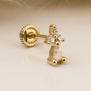 Piercing con pietra a goccia in oro massiccio 14K, piercing con vite posteriore per cartilagine, piercing con elica e trago, orecchino a perno, gioielli da piercing