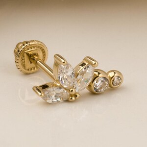 14K Solid Gold Markis Stone Piercing, Cartilage Screw Back Helix Tragus Piercing, Stud Ear Piercing Earring, Piercing Jewelry