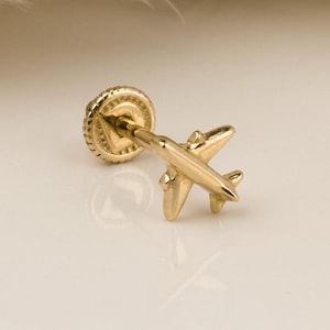 14K Solid Gold Small Plane Piercing, Cartilage Screw Back Helix Tragus Piercing, Stud Ear Piercing Earring, Piercing Jewelry