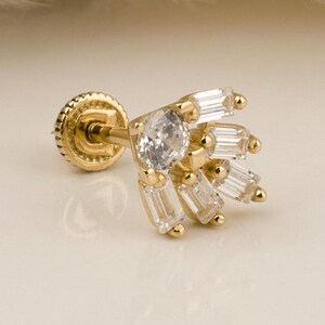 14K Solid Gold Baguette Piercing, Cartilage Screw Back Helix Tragus Piercing, Stud Ear Piercing Earring, Piercing Jewelry