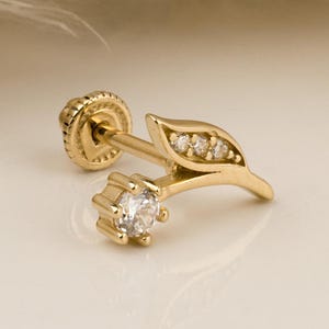 14K Solid Gold Flower Piercing, Cartilage Screw Back Helix Tragus Piercing, Stud Ear Piercing Earring, Piercing Jewelry