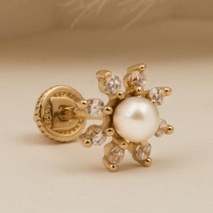 14K Solid Gold Pearl Flower Piercing, Cartilage Screw Back Helix Tragus Piercing, Stud Ear Piercing, Long Stud Earring, Piercing Jewelry