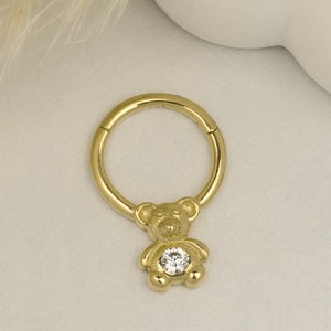 Piercing clicker anneau charnière motif ours en peluche en or 14 carats, piercing charnière anneau en or minimaliste, piercing Daith or, piercing hélice or