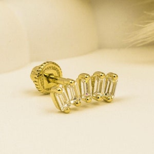 14K Solid Gold 5 Baguette Piercing, Cartilage Screw Back Helix, Tragus Piercing, Stud Ear Piercing, Stud Earring, Piercing Jewelry.