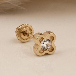14K Solid Gold Flower Piercing, Cartilage Screw Back Helix Tragus Piercing, Stud Ear Piercing Earring, Piercing Jewelry