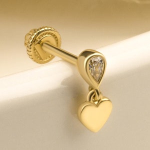 14K Solid Gold Drop Stone with Heart Piercing, Cartilage Screw Back Helix Tragus Piercing, Stud Ear Piercing Earring, Piercing Jewelry