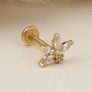 Markis Stone Flower Piercing, Cartilage Earring, 14K Solid Gold Tragus Piercing, Minimalist Tragus Piercing, Gold Stud Piercing