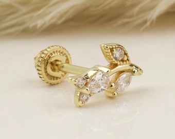 14K Solid Gold Flower Piercing, Cartilage Screw Back Helix Tragus Piercing, Stud Ear Piercing, Stud Earring, Piercing Jewelry