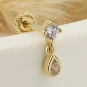 14K Solid Gold Drop Stone Pending Piercing, Cartilage Screw Back Helix Tragus Piercing, Stud Ear Piercing Earring, Piercing Jewelry