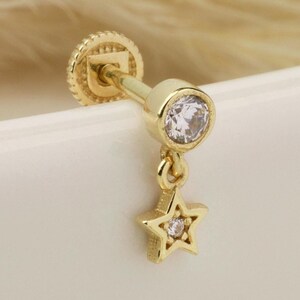 Piercing de estrela de ouro maciço 14K, piercing de cartilagem com parafuso na parte traseira, piercing de hélice, brinco de piercing de orelha, joias de piercing