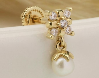 14Kゴールドパールドロップピアス：ヘリックストラガス軟骨ピアス