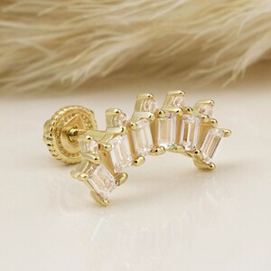 14K Solid Gold 6 Baguette Stone Piercing, Cartilage Screw Back Helix Tragus Piercing, Stud Ear Piercing, Stud Earring, Piercing Jewelry