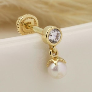 Piercing de oro macizo de 14 quilates con piedra y perla, piercing para el cartílago, hélice, trago, pendiente de perforación en la oreja, joyería para piercing