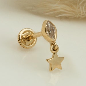 Pedra Markis de ouro maciço 14K com piercing em estrela, piercing de cartilagem com parafuso na parte traseira, piercing de hélice, brinco de piercing de orelha, joias de piercing