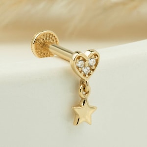 Coração de ouro 14K com piercing de tragus de estrela, brinco de cartilagem, piercing de tragus de ouro maciço 14K, piercing de tragus, piercing de ouro