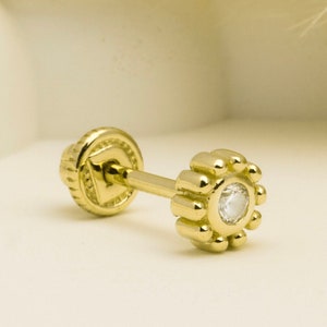 14K Solid Gold Flower Motif Piercing, Cartilage Screw Back Helix Tragus Piercing, Stud Ear Piercing, Stud Earring, Piercing Jewelry.