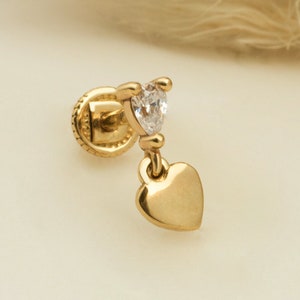 14K Solid Gold Heart Drop Stone Piercing, Cartilage Screw Back Helix Tragus Piercing, Stud Ear Piercing, Stud Earring, Piercing Jewelry