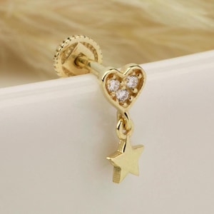 Piercing de coração e estrela de ouro maciço 14K, piercing de cartilagem com parafuso na parte traseira, piercing de hélice e tragus, brinco de piercing de orelha, joias de piercing
