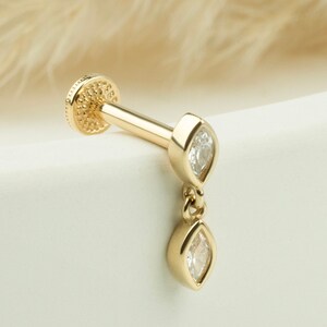 14K Gold Markis Stone Tragus Piercing, Cartilage Earring, 14K Solid Gold Tragus Piercing, Tragus Piercing, Gold Stud Piercing