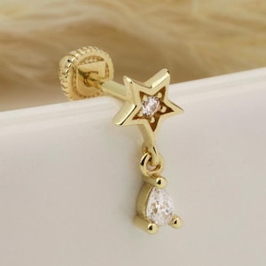 14K massief gouden ster met druppelsteen piercing, kraakbeen schroef terug helix tragus piercing, stud piercing oorbel, piercingsieraden