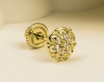 14K Solid Gold Flower Motif Piercing, Cartilage Screw Back Helix Tragus Piercing, Stud Ear Piercing, Stud Earring, Piercing Jewelry.