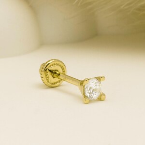 14K Solid Gold Solitiare Piercing, Cartilage Screw Back Helix Tragus Piercing, Stud Ear Piercing, Long Stud Earring, Piercing Jewelry.