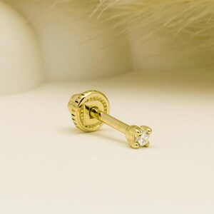 14K Solid Gold Solitiare Piercing, Cartilage Screw Back Helix Tragus Piercing, Stud Ear Piercing, Long Stud Earring, Piercing Jewelry.