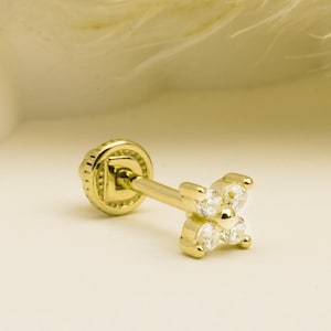 14 kt massief gouden bloempiercing, kraakbeenschroefrug helix traguspiercing, oorstekers, lange nageloorbellen, piercingsieraden.
