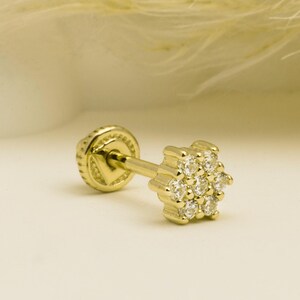 14K Solid Gold Flower Piercing, Cartilage Screw Back Helix Tragus Piercing, Stud Ear Piercing, Long Stud Earring, Piercing Jewelry.
