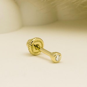 14K Solid Gold Solitiare Piercing, Cartilage Screw Back Helix Tragus Piercing, Stud Ear Piercing, Long Stud Earring, Piercing Jewelry.