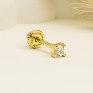 14K Solid Gold Solitiare Piercing, Cartilage Screw Back Helix Tragus Piercing, Stud Ear Piercing, Long Stud Earring, Piercing Jewelry.