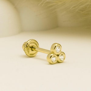 14K Solid Gold 3 Stone Piercing, Cartilage Screw Back Helix Tragus Piercing, Stud Ear Piercing, Long Stud Earring, Piercing Jewelry.