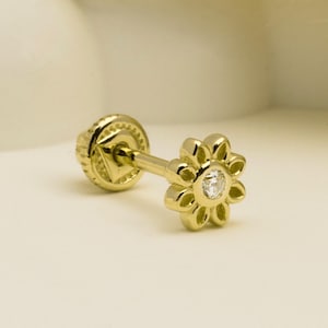 14K Solid Gold Flower Piercing, Cartilage Screw Back Helix Tragus Piercing, Stud Ear Piercing, Long Stud Earring, Piercing Jewelry.