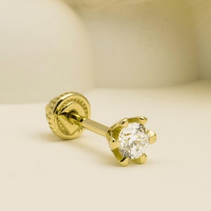 14K Solid Gold Solitiare Piercing, Cartilage Screw Back Helix Tragus Piercing, Stud Ear Piercing, Long Stud Earring, Piercing Jewelry.